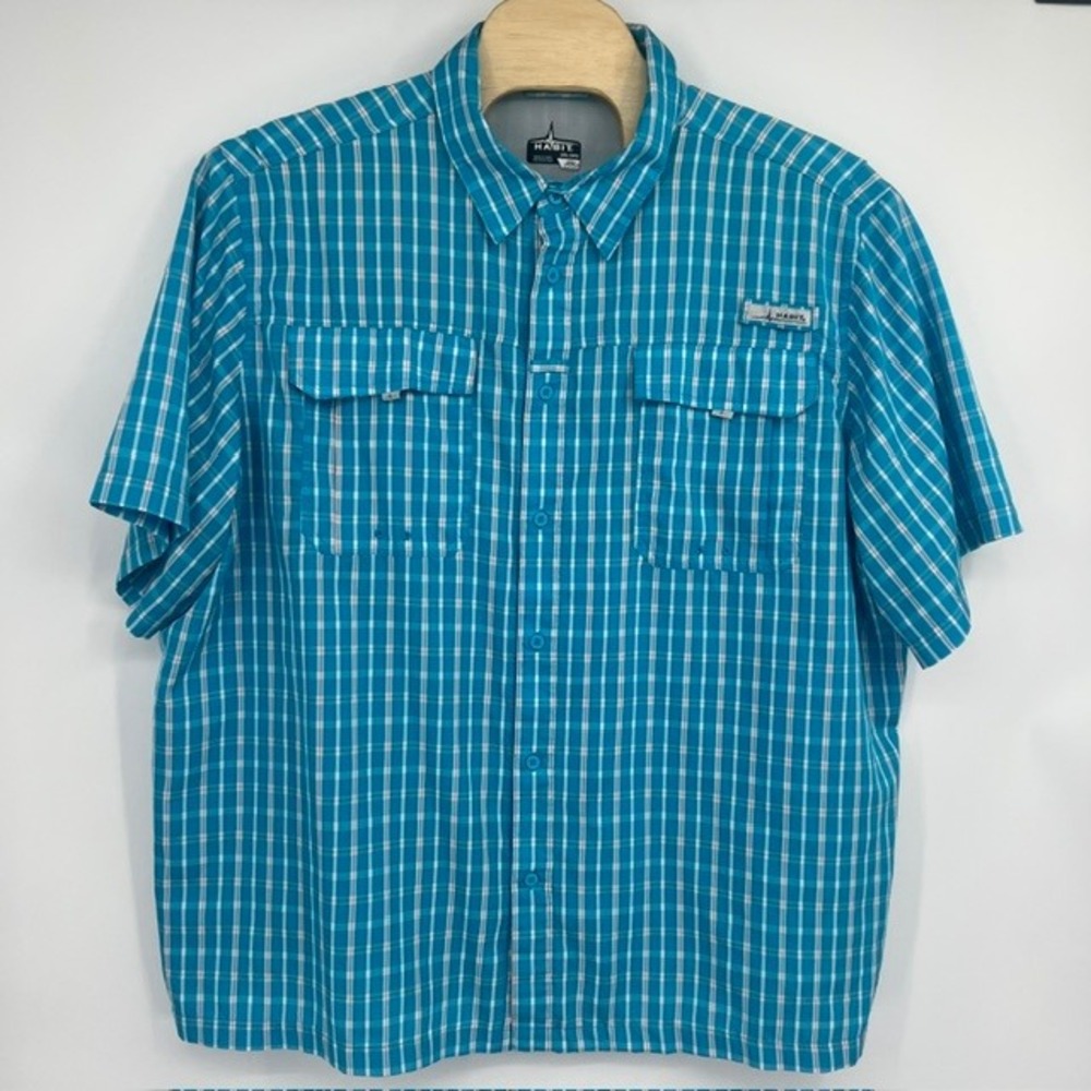 Habit Men's 3XL Fish Finder Fishing Vivid‎ Blue Plaid UPF 40+ Button Up Shirt
